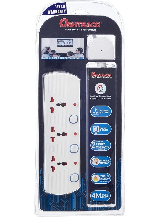 OSHTRACO مقبس تمديد عالمي 3-طرق من أوشتراكو مع سلك بطول 4 متر، متعدد الألوان - Image 1