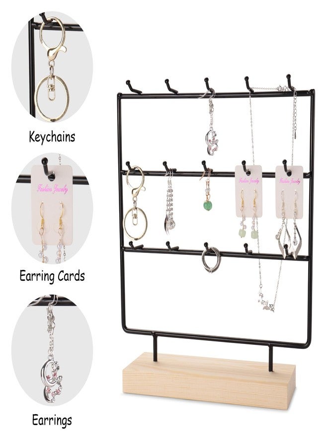 RUINENGDA Earring Display Stands for Selling 3 Tier 15 Hooks Jewelry Display Wooden Base Earring Holder Organizer Display Stand for Necklaces Rings Bracelets Keychains (Black) - Image 4