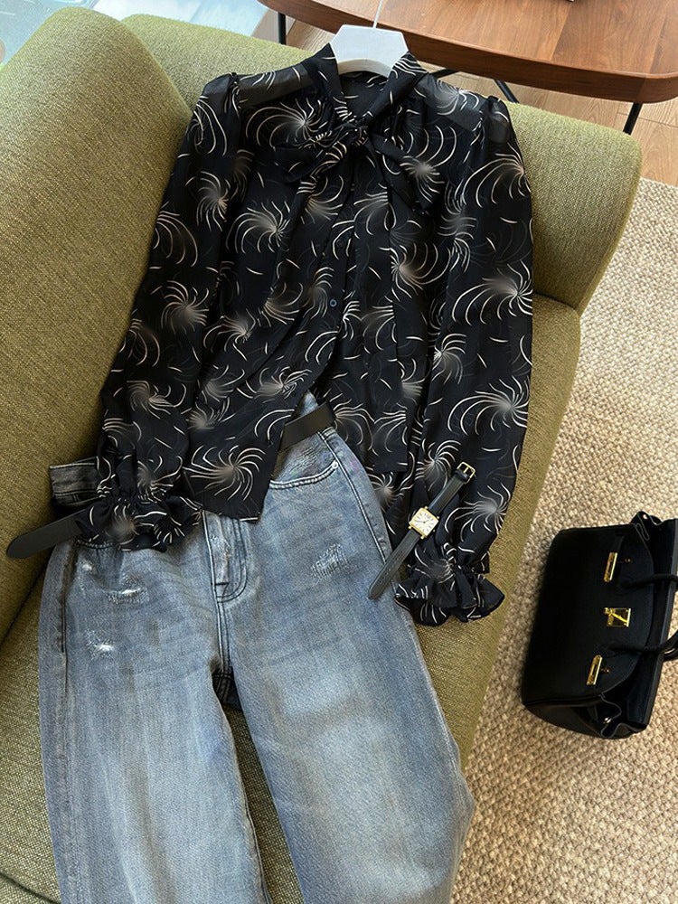 Beg Jane Beauty! Grade C Recommend Elegant Slim Look Soft Elegant Black And White Tonal 2024 Summer Printed Streamers Shirt - Image 5