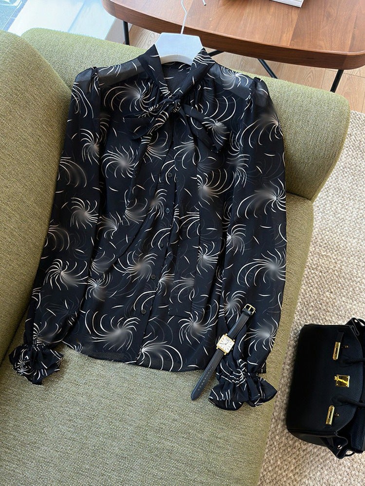 Beg Jane Beauty! Grade C Recommend Elegant Slim Look Soft Elegant Black And White Tonal 2024 Summer Printed Streamers Shirt - Image 3