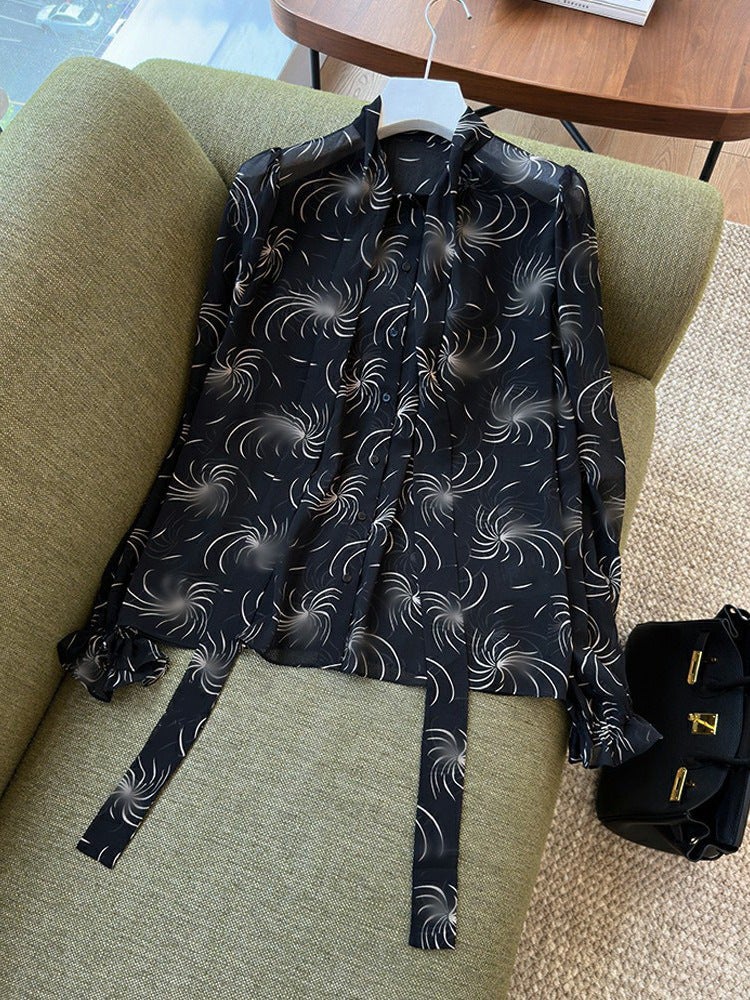 Beg Jane Beauty! Grade C Recommend Elegant Slim Look Soft Elegant Black And White Tonal 2024 Summer Printed Streamers Shirt - Image 2