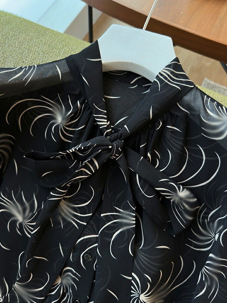 Beg Jane Beauty! Grade C Recommend Elegant Slim Look Soft Elegant Black And White Tonal 2024 Summer Printed Streamers Shirt - Image 4