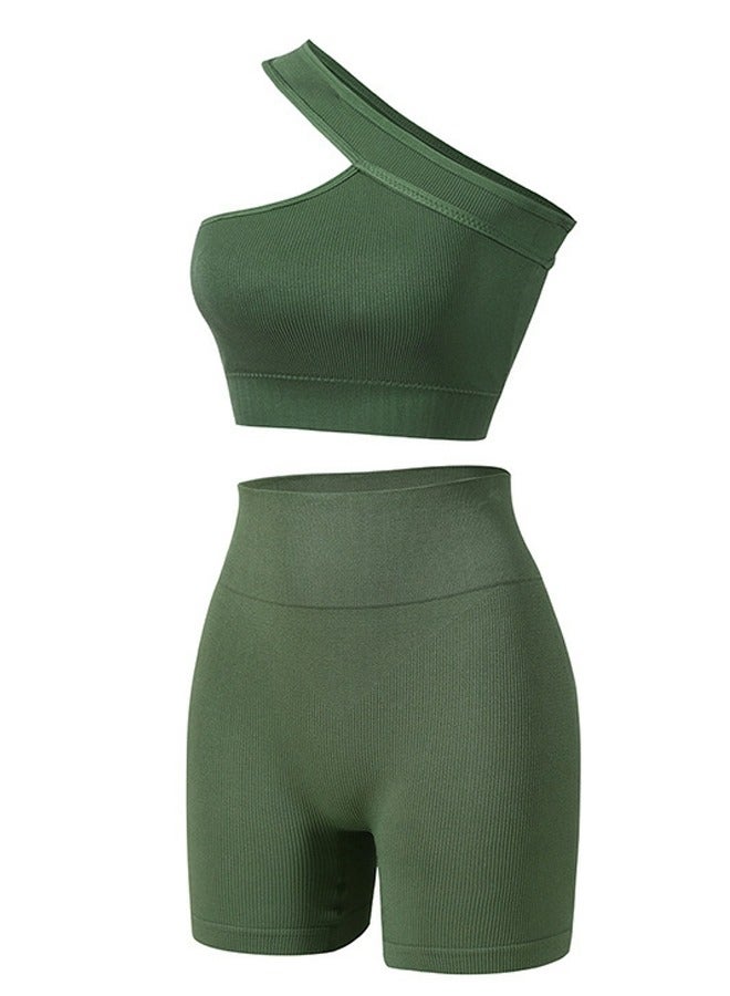 Loquat Women's Solid Color Sport Fitness Lingerie Set 2-piece Seamless Wireless Sloping Shoulders Vest+High Waist Boxer Briefs Sport Suit Army Green 