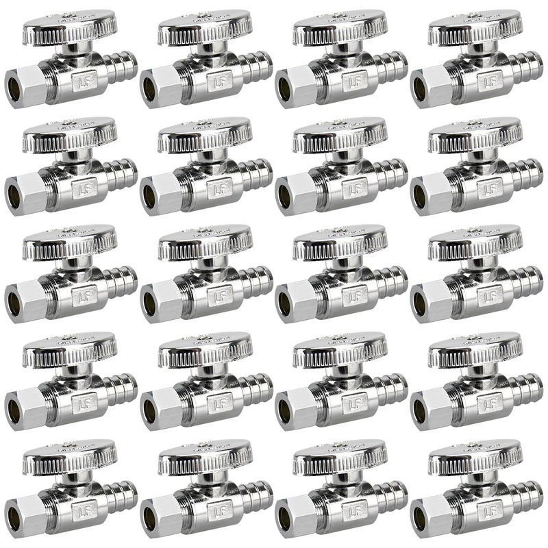 PXZBLG 20 Pack Stop Valves 14 Turn 38 OD Compression 12 PEX Chrome Plated Brass for Faucet Toilet Valves - Image 2