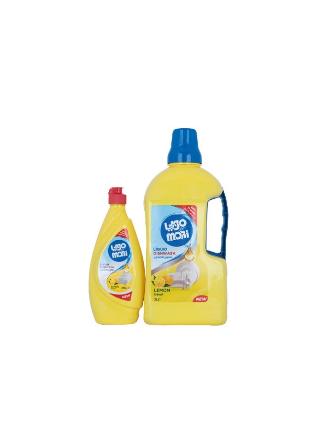 Mobi Lemon Dishwashing Liquid 3L + 700ml effectively removes grease and dirt, leaving dishes clean, shiny, and fresh-smelling.