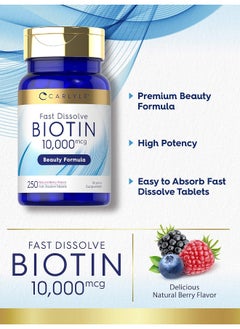 CARLYLE Biotin 10000Mcg 250 Fast Dissolve Tablets Max Strength Vegetarian, Non-Gmo, Gluten Free  - Image 3