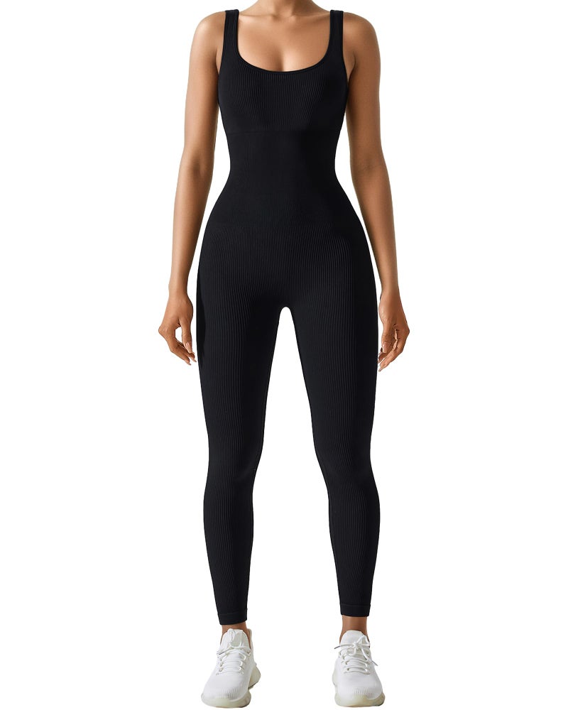 AURUZA Jumpsuit for Women Workout Seamless Jumpsuit Yoga Ribbed One Piece Tank Tops Rompers Sleeveless Exercise Tummy Control Jumpsuits Square Neck Leggings Romper，Black，L - Image 5