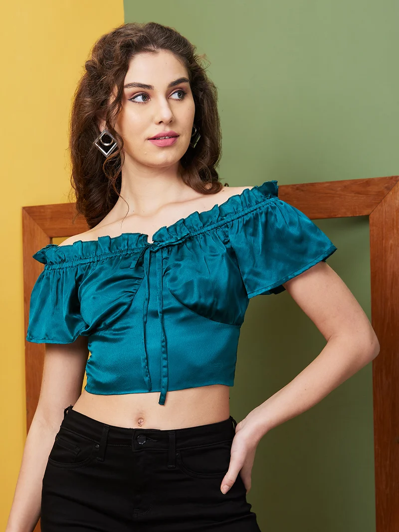 globus Women Green Off-Shoulder Waist Tie-Ups Crop Top