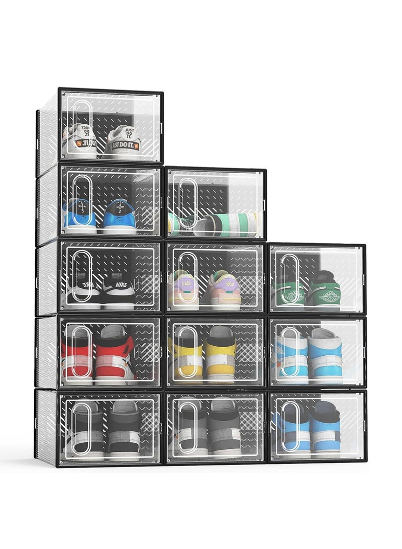 TDOO Large Shoe Storage Box with Magnetic Door, Large 12-Pack Shoe Storage Box, Height 18cm Shoe Boxes Good for Boot&High Heels- Clear Plastic Stackable Shoe Organizerï¼ˆBlackï¼‰ 