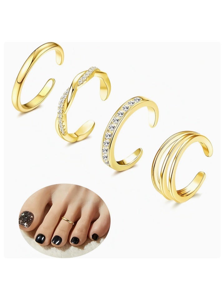 4PCS Toe Rings for Women Gold Adjustable 14K Gold Filled Toe Ring Set Simple Cute Thin Band Hawaiian Beach Summer Foot Jewelry Waterproof Gold Toe Rings - Image 1