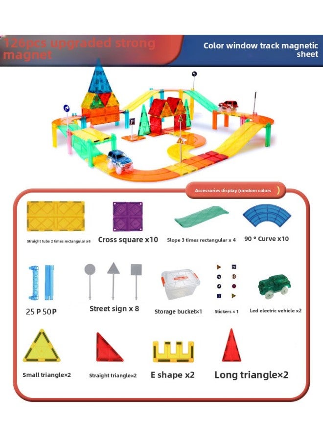 Color Window Magnetic Film Sliding Rail Transit Electric Car Building Blocks Children's Educational Magnetic Matching Toy Gift-Specifications:Rail Car 126pcs (storage Bucket Included)  - Image 1
