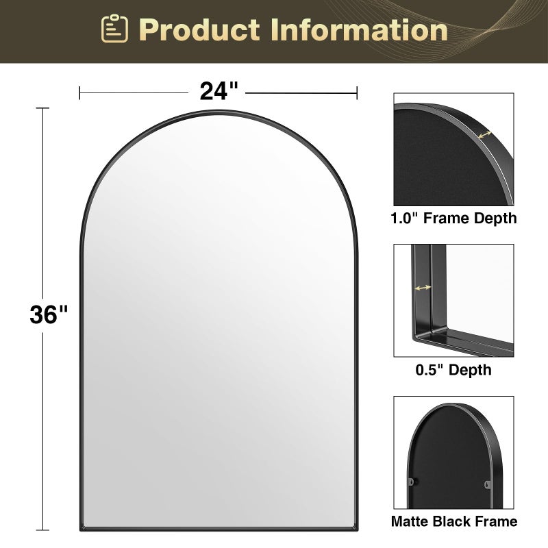 Brightify Arched Mirror, Arched Wall Mirror, 24 x 36 Inch Black Arch Mirror, Metal Frame Black Bathroom Mirror, Arched Top Bathroom Vanity Mirror for Living Room Bedroom Mantel Entryway Hallways - Image 2
