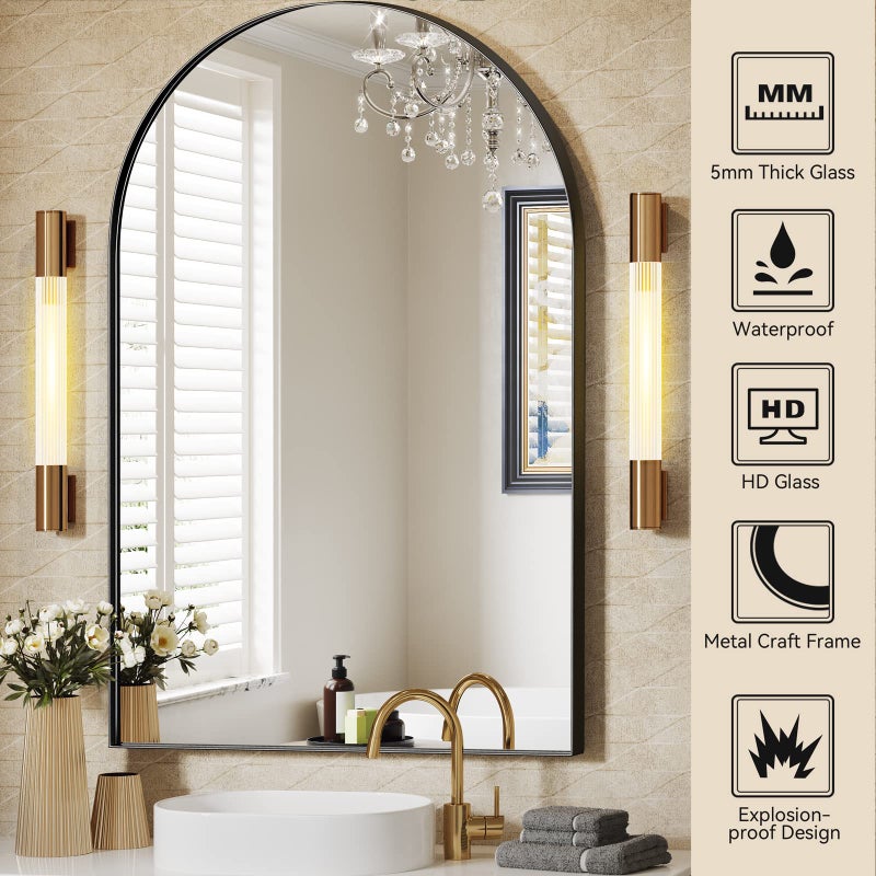 Brightify Arched Mirror, Arched Wall Mirror, 24 x 36 Inch Black Arch Mirror, Metal Frame Black Bathroom Mirror, Arched Top Bathroom Vanity Mirror for Living Room Bedroom Mantel Entryway Hallways - Image 5
