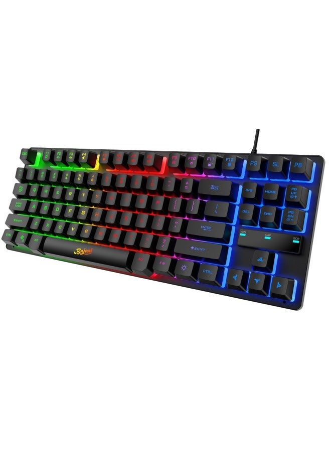 BAJEAL KB-10 Wired Keyboard 87 Key Mechanical Feel Rainbow Switch Luminous Suspension Keycap Gaming Keyboard-Color:KB-10 Black