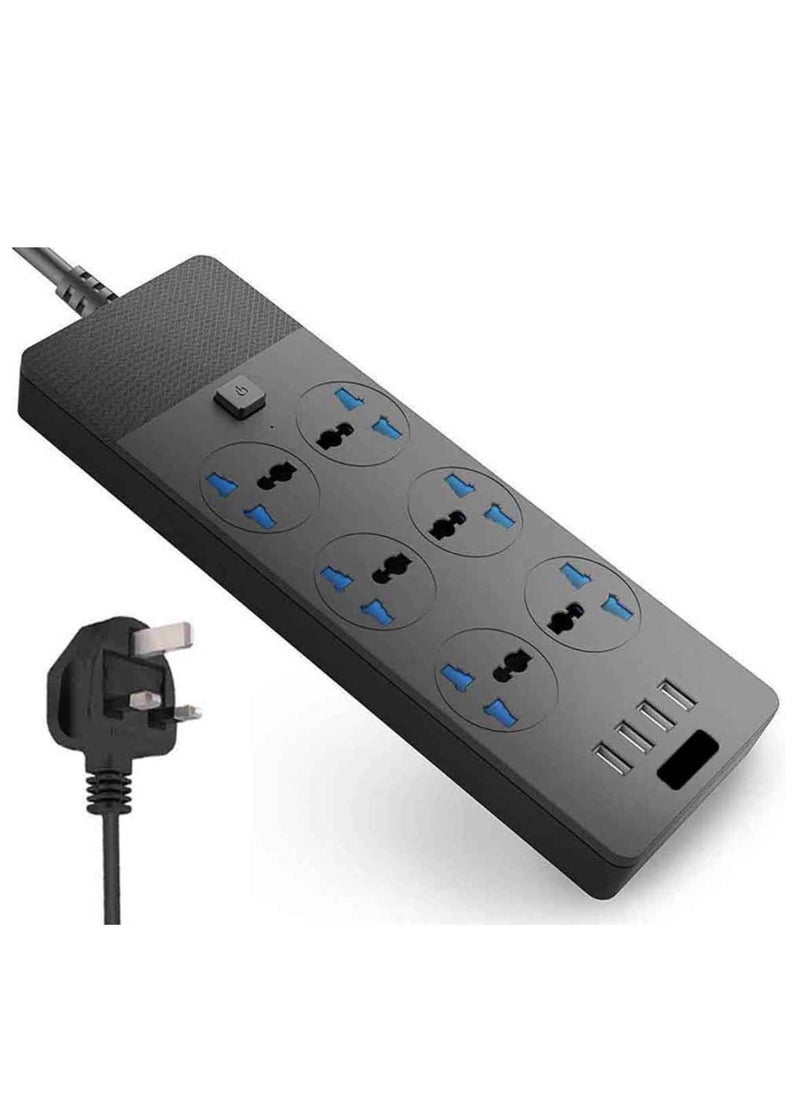 Generic Extension Lead Cord, 5 Meter Power Strip Plug Adapter with 6 Way Power Extension Cord 4 USB Ports Cable Surge Protector (T12,Black,5m) 