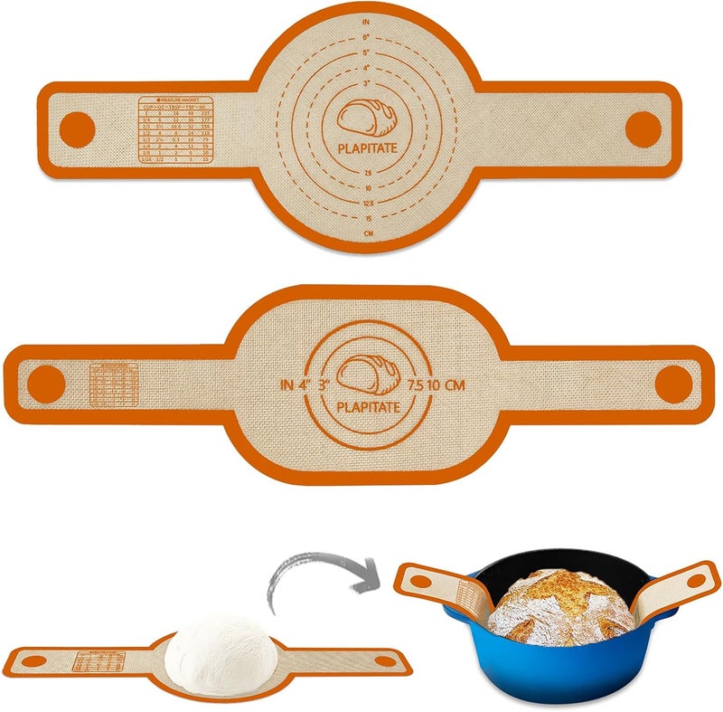 PLAPITATE Silicone Bread Sling Dutch Oven Liner, Non-Stick & Easy Clean Reusable Oval and Round Silicone Bread Baking Mat with Long Handles, Easy to Transfer Sourdough Bread - 2 Orange Set - Image 1