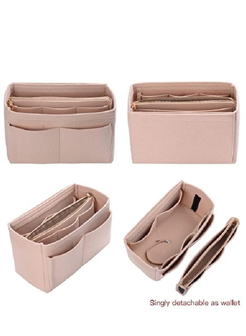 Felt Handbag Organizer Insert Portable Purse Organizer for Speedy Neverfull Tote Bag with Zippers and Thick Design Beige  - Image 2