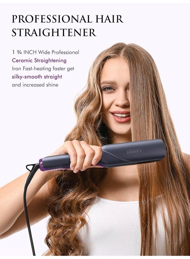 LANDOT Wide Flat Iron for Fast Straightening Thick/Long/Coarse Hair: 1-3/4 Inch Wide Plates, Dual Voltage & Adjustable Heat | Smooths Frizz, Delivers Sleek Shiny Results, Ceramic Plates for Thick, Long & Coarse Hair,12 Temps 250-450°F, 25s Fast Heat - Image 4