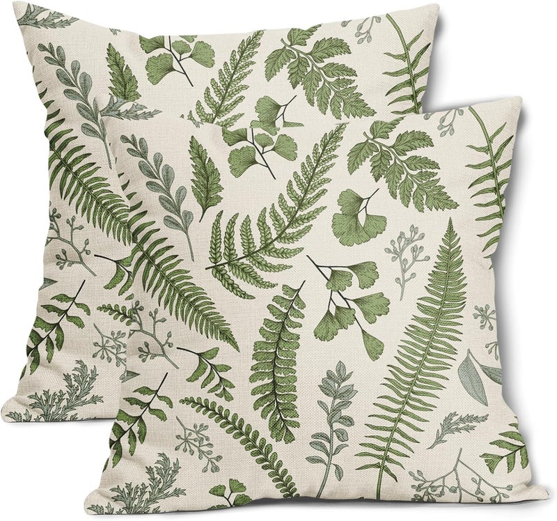 Sage Green Leaf Plant Pillow Covers 18X18 Inch Set of 2 Tropical Fern Herbs Botanical Leaves Floral Decorative Pillow Cases Vintage Cushion Case Farmhouse Home Decor for Couch Sofa Porch Outdoor