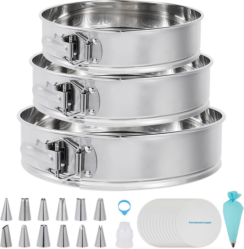 Aufind Springform Pan Set for Baking (7,9,10inches), 304 Stainless Steel Springform Cake Pan with Removable Bottom, Cheesecake Pan with 50PCS Parchment Paper for Pie Cake Pizza and Quiches - Image 1