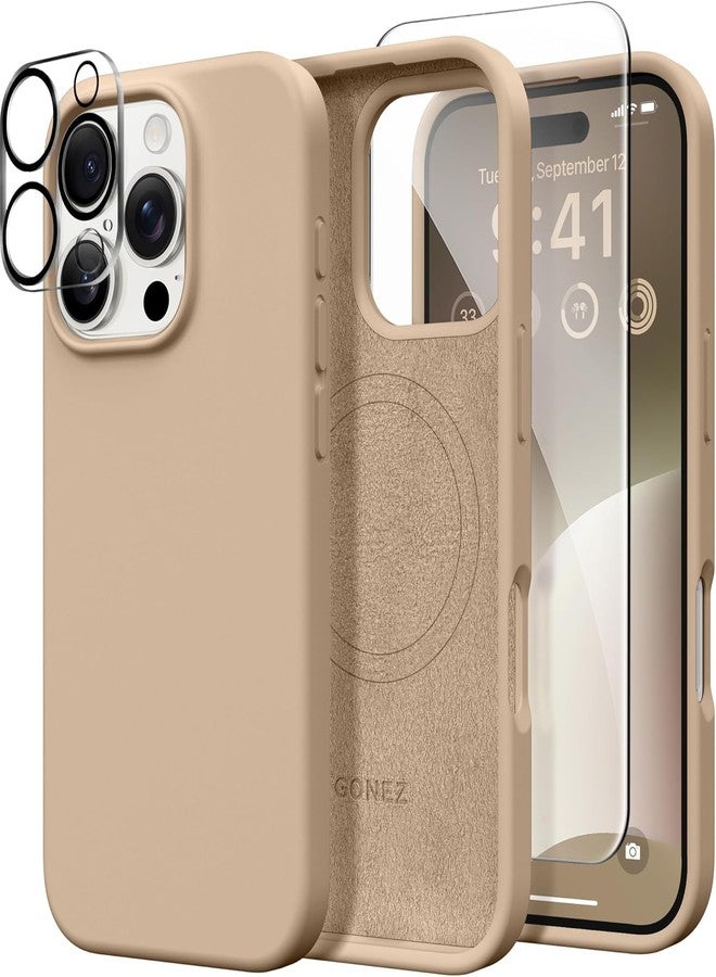 GONEZ Magnetic for iPhone 16 Pro Max Case, Compatible with MagSafe, Liquid Silicone Case, with Screen Protector + Camera Protector, Full Body Protective Shockproof Phone Cover 6.9", Light Brown - Image 1