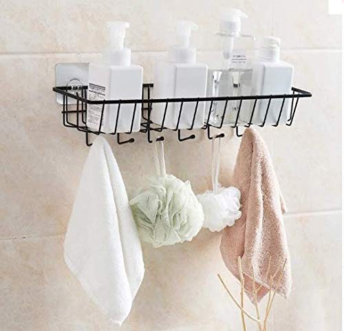 Rasikvar GI Steel Self-Adhesive Bathroom Shelf with Hooks/Towel Holder/Rack/Bathroom Accessories-Wall Mount Safety Handle- Pack of 1 (Black,Powder Coated) - Image 5