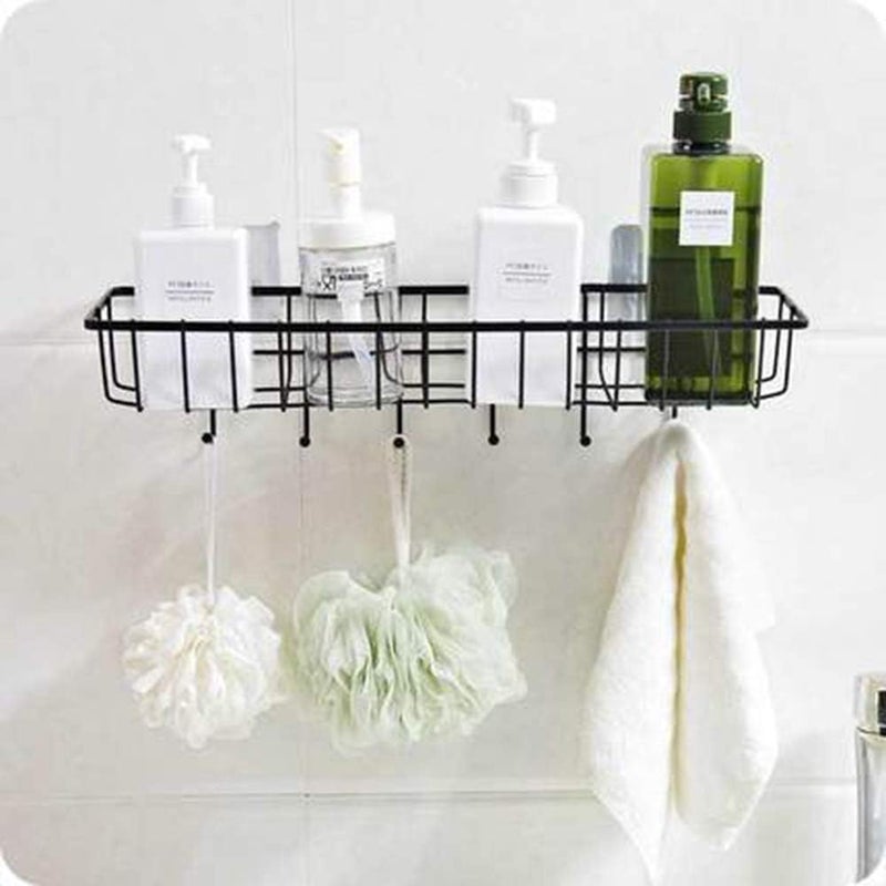 Rasikvar GI Steel Self-Adhesive Bathroom Shelf with Hooks/Towel Holder/Rack/Bathroom Accessories-Wall Mount Safety Handle- Pack of 1 (Black,Powder Coated) - Image 3
