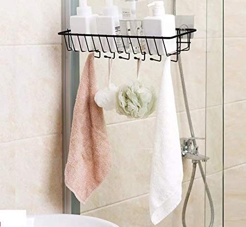 Rasikvar GI Steel Self-Adhesive Bathroom Shelf with Hooks/Towel Holder/Rack/Bathroom Accessories-Wall Mount Safety Handle- Pack of 1 (Black,Powder Coated) - Image 4