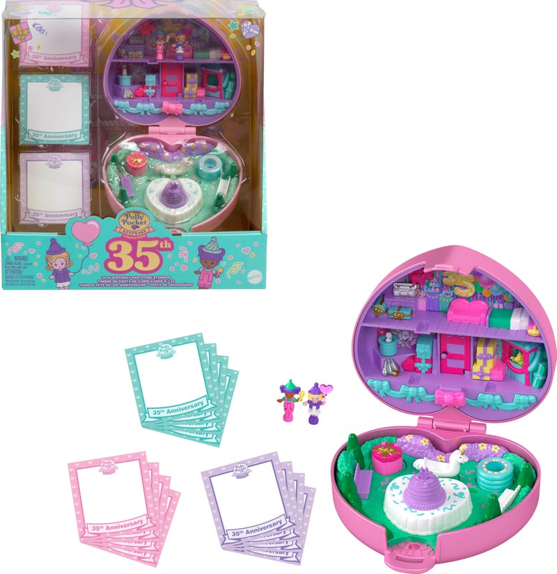 Polly Pocket Dolls & Playset, Collector Heritage Compact, 35th Birthday Partytime Stamper with 2 Micro Dolls, 3 Party Stamps & 12 Stationary Cards - Image 1