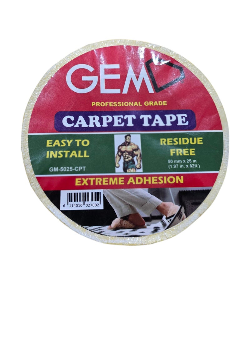 جم شريط جيم لاصق مزدوج الوجهين للسجاد 50 مم × 25 م – درجة احترافية، لاصق مطاطي، استخدام شاق، بدون بقايا، أصفر - Image 1