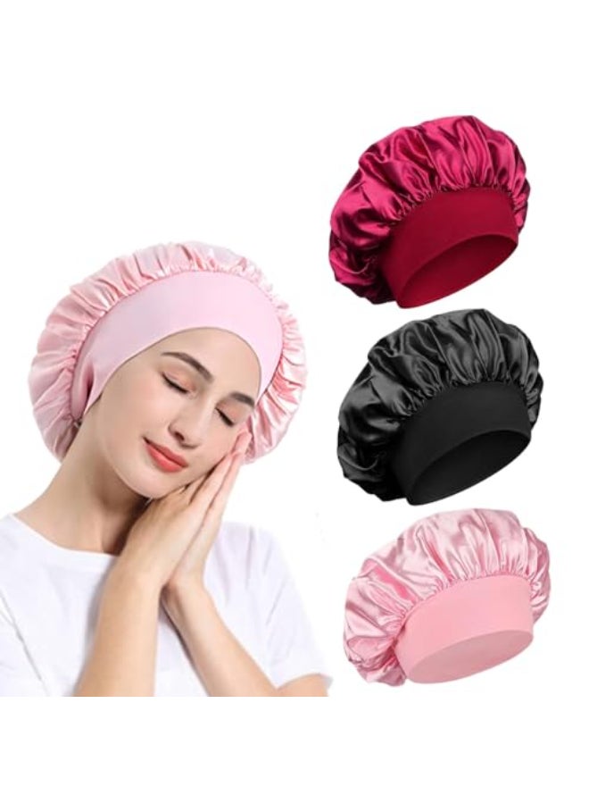 TRLREQ 3 Pack Satin Bonnet Night Sleep Caps with Wide Elastic Band Silk Wrap Soft Head Cover Sleeping Hat for Women and Girls Curly Hair PinkBlackRed - Image 1