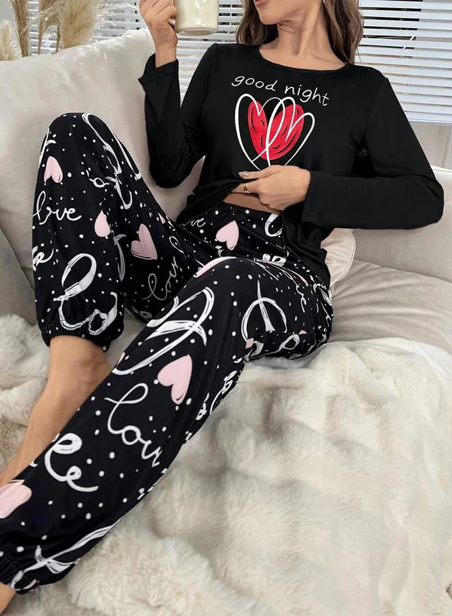 Take Two Take Two Heart Graphic Long Sleeve T-Shirt and Pyjama Set