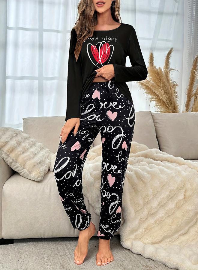 تايك تو طقم تيشيرت بأكمام طويلة بطبعة قلب مع بنطال - Image 5