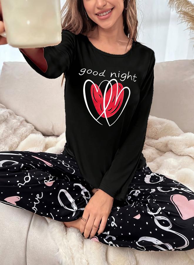 تايك تو طقم تيشيرت بأكمام طويلة بطبعة قلب مع بنطال - Image 3