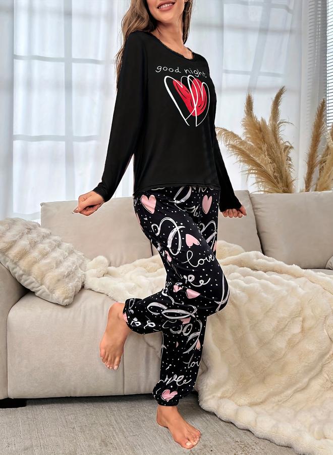 تايك تو طقم تيشيرت بأكمام طويلة بطبعة قلب مع بنطال - Image 4