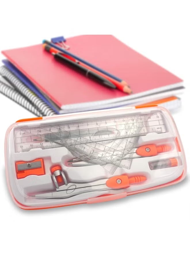 Maths Compasses for Geometry Student Drafting Compass Set Starter Kit with Protractor, Set Squares with Case for School Maths Study, Orange - Image 5