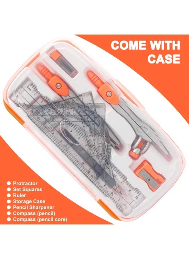 Maths Compasses for Geometry Student Drafting Compass Set Starter Kit with Protractor, Set Squares with Case for School Maths Study, Orange - Image 2