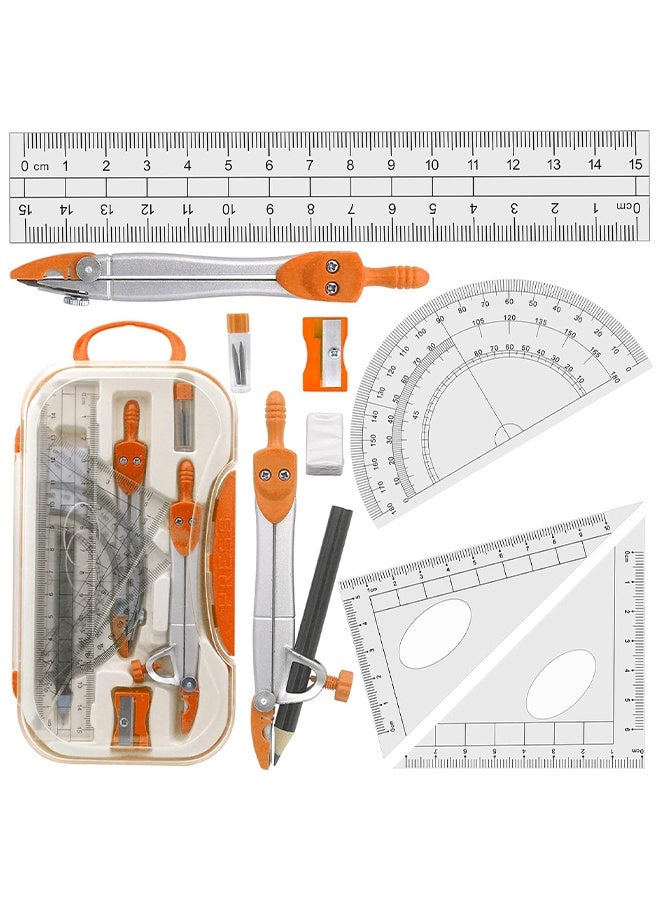 Maths Compasses for Geometry Student Drafting Compass Set Starter Kit with Protractor, Set Squares with Case for School Maths Study, Orange - Image 1