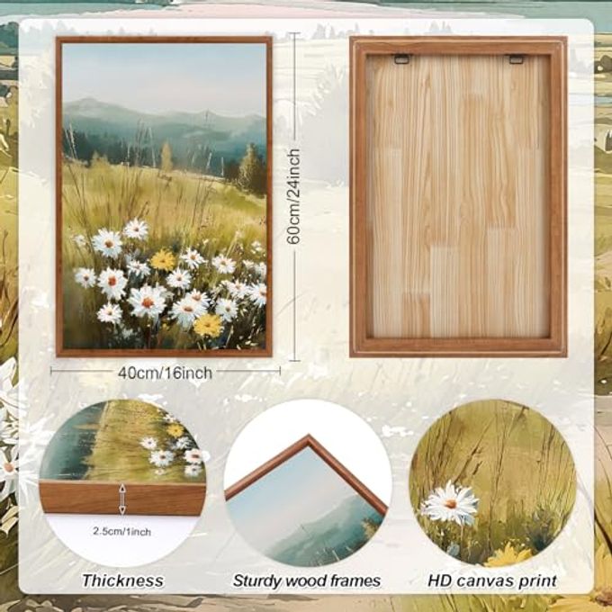 KAIRNE Field Canvas Wall Art,Vintage Landscape Wall Decor,Wildflower Prints Set of 3(16X24),Nature Botanical Floral Posters,Rustic Paintings for Kitchen Living Room Bedroom Farmhouse Decor,Framed - Image 5