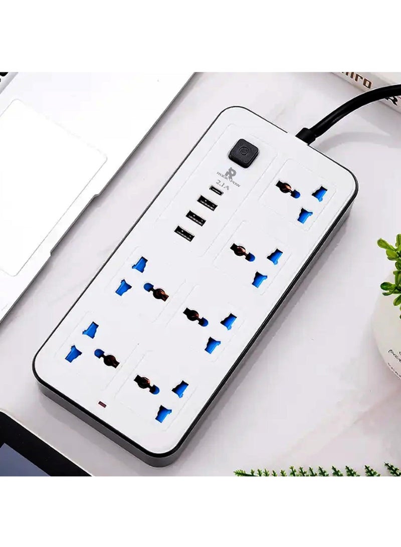 Rock Pow 2 meters Universal Extension Cord with 6 Power Socket and 3 USB + 1 PD Slots 6 Way Power Strip with USB type C PD Charging slot Extension Lead 2 meter(6S+3U+1PD 2M) - Image 2