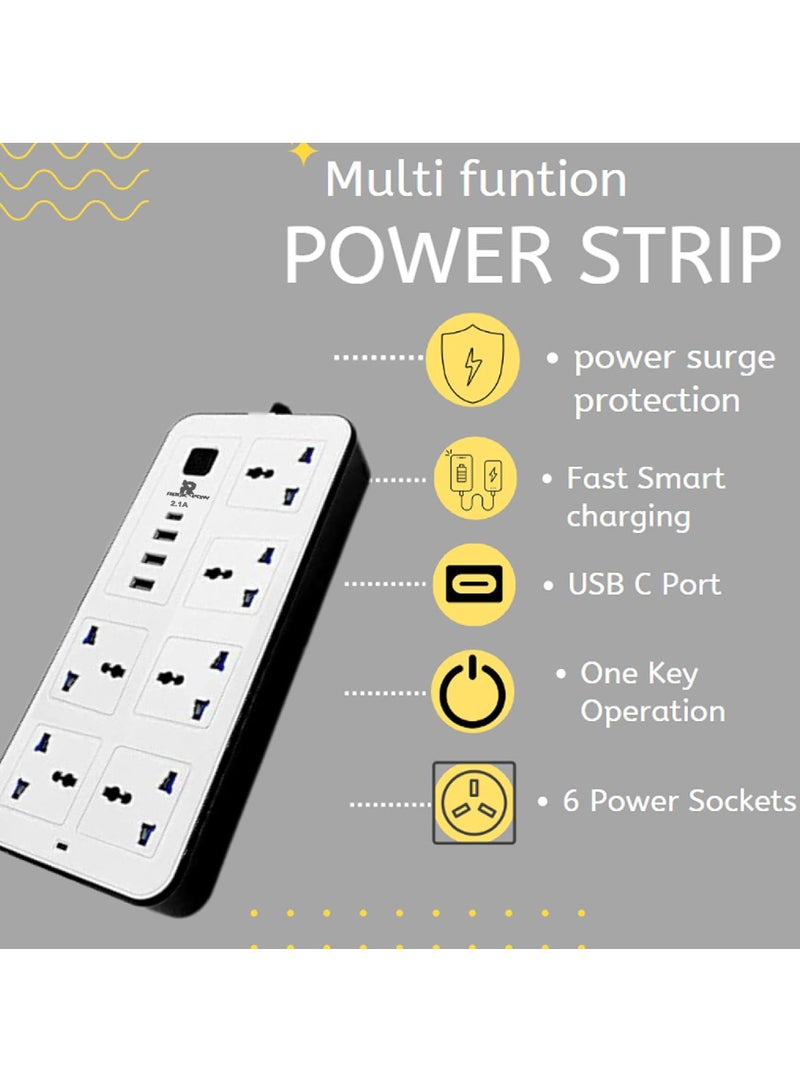 Rock Pow 2 meters Universal Extension Cord with 6 Power Socket and 3 USB + 1 PD Slots 6 Way Power Strip with USB type C PD Charging slot Extension Lead 2 meter(6S+3U+1PD 2M) - Image 4