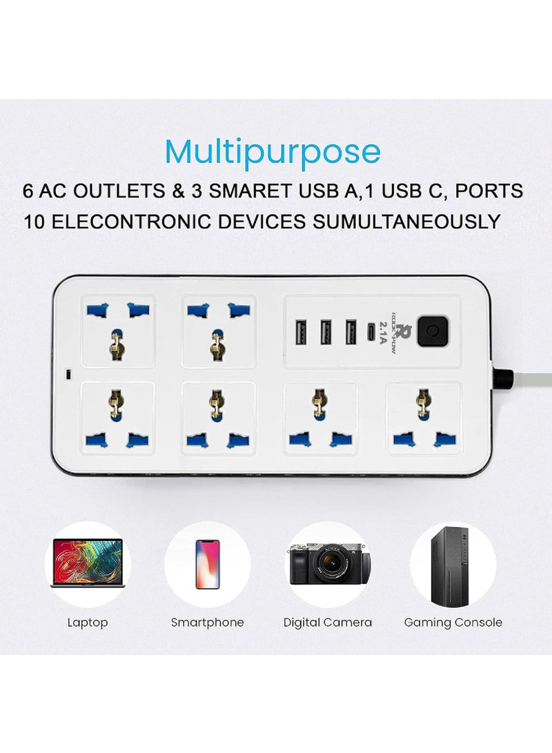 Rock Pow 2 meters Universal Extension Cord with 6 Power Socket and 3 USB + 1 PD Slots 6 Way Power Strip with USB type C PD Charging slot Extension Lead 2 meter(6S+3U+1PD 2M) - Image 3