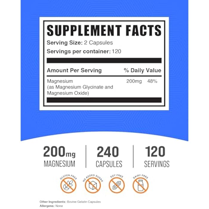 BulkSupplements.com Magnesium Glycinate Capsules - Magnesium Supplement, Magnesium Glycinate 200mg - Gluten Free, 2 Capsules per Serving, 240 Count (Pack of 1) - Image 2