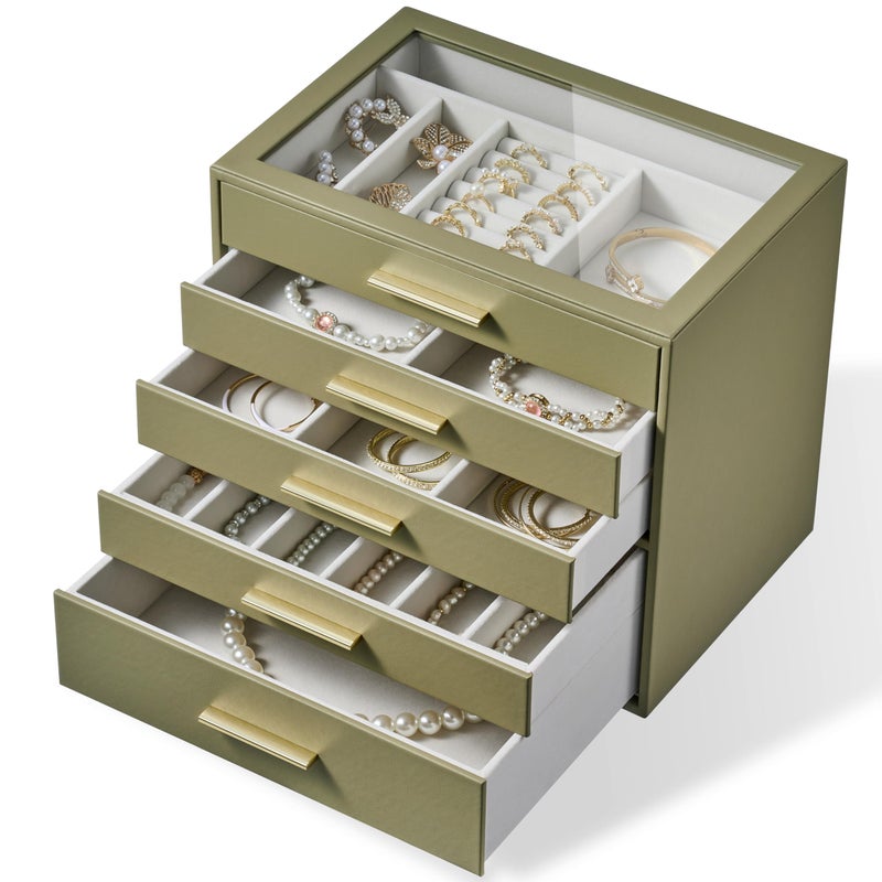 pickpiff Jewelry Box Organizer Case for Women: 5-Layer Jewelry Storage Case with Glass Window, Olive Green Leather with Cream Velvet, Holder for Ring Necklace Bracelet Brooch Watch, Great Gift for Her - Image 1