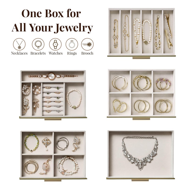 pickpiff Jewelry Box Organizer Case for Women: 5-Layer Jewelry Storage Case with Glass Window, Olive Green Leather with Cream Velvet, Holder for Ring Necklace Bracelet Brooch Watch, Great Gift for Her - Image 2