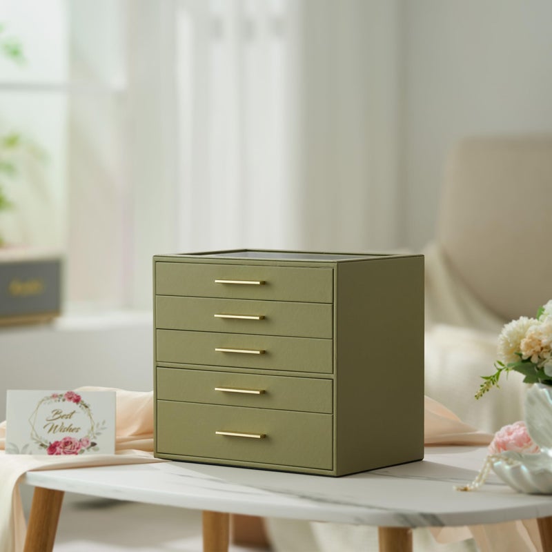 pickpiff Jewelry Box Organizer Case for Women: 5-Layer Jewelry Storage Case with Glass Window, Olive Green Leather with Cream Velvet, Holder for Ring Necklace Bracelet Brooch Watch, Great Gift for Her - Image 4