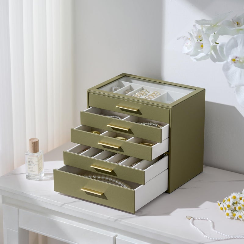 pickpiff Jewelry Box Organizer Case for Women: 5-Layer Jewelry Storage Case with Glass Window, Olive Green Leather with Cream Velvet, Holder for Ring Necklace Bracelet Brooch Watch, Great Gift for Her - Image 3