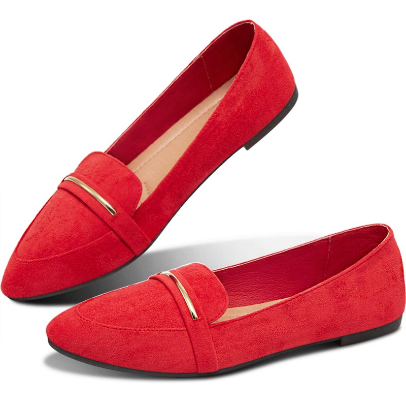 Obtaom Women's Pointy Toe Loafer Flat Comfortable Faux Suede Work Shoes,Cute Penny Loafer Slip On Ballet Flat(Red US8) - Image 1