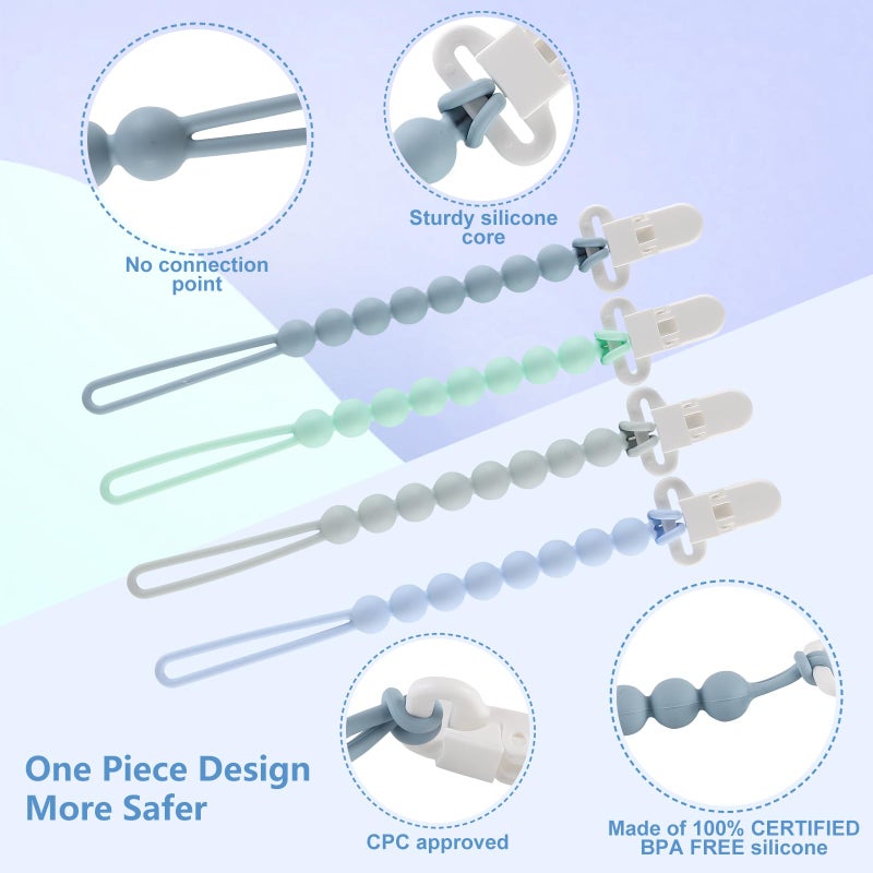 Slotic 4-Pack Silicone Pacifier Clips with One-Piece Beads for Baby Boys and Girls - Flexible and Rust-Free Holders for Teething Relief and Baby Essentials, Safe for Newborns (Blue) - Image 3