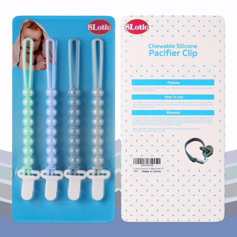 Slotic 4-Pack Silicone Pacifier Clips with One-Piece Beads for Baby Boys and Girls - Flexible and Rust-Free Holders for Teething Relief and Baby Essentials, Safe for Newborns (Blue) - Image 4
